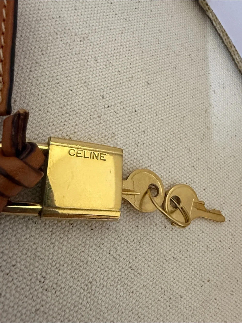 Authentic Celine Rare Tan Leather Keyring with Gold Padlock and keys collectible